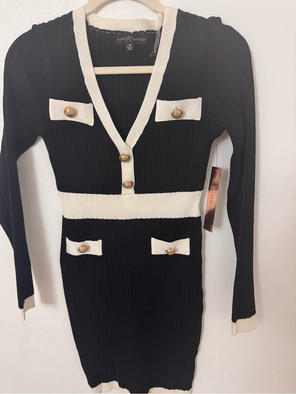 Almost Famous Black V-Neck Ribbed Sweater Dress with Cream Trim